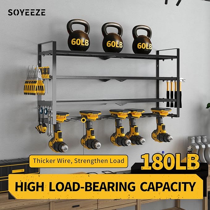 SOYEEZE Power Tool Organizer, Drill Holder Wall Mount, 4 Layers Tool Storage, Heavy Duty Garage 8 Drill Storage Shelf with Hammer/Screwdriver/Hooks Rack, Extra Large Capacity