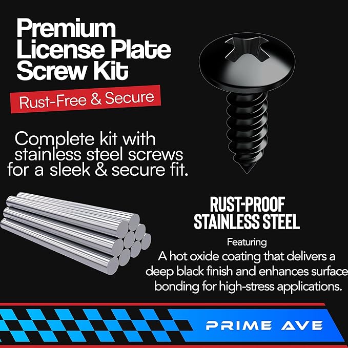 Black Oxide Stainless Steel License Plate Screws for License Plates, Frames, Covers - Durable & Rust Proof Licence Plate Screw Set for Front/Rear - Compatible with Ford Lincoln (Pack of 8)