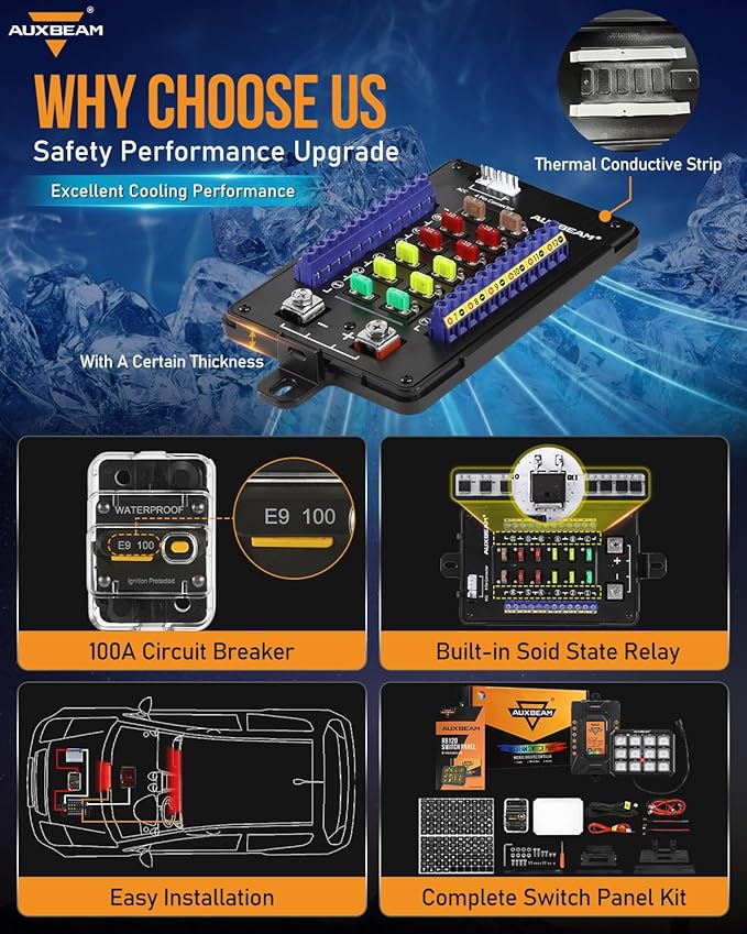 Auxbeam 12 Gang Switch Panel RB120 Toggle Momentary Pulsed RGB Dimmable Switch Panel Multifunction Two Sided Output Marine Control Panel IP65 Waterproof for Car Boat RV, 2 Years Warranty
