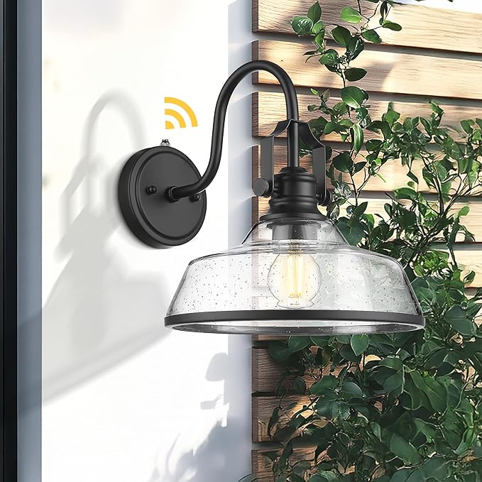 kudos Dusk to Dawn Outdoor Wall Sconce, Exterior Garage Light Fixtures, Farmhouse Waterproof Outdoor Gooseneck Barn Light Motion Sensor, Seeded Glass 1 Pack, KDOWL05-BK-S-LC