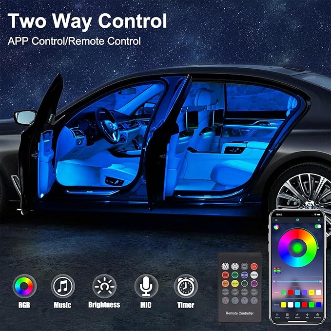 Car LED Strip Lights, LEDCARE 9 in 1 RGB Car Interior Lights with APP & Remote Control, 16 Million Colors Ambient Lighting Kit with 5 Fiber Optic LED Strips & 4 Under Dash Lights, Sync to Music