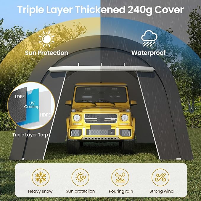 Kiss the Water Carport, Round Portable Garage, Steel Heavy Duty Carport with Ground Stakes, Tensioner and 2 Roll Up Windows PE Fabric Car Port, Tent for Storage, Storage Shed, Garage, SUV (13x20 Ft)