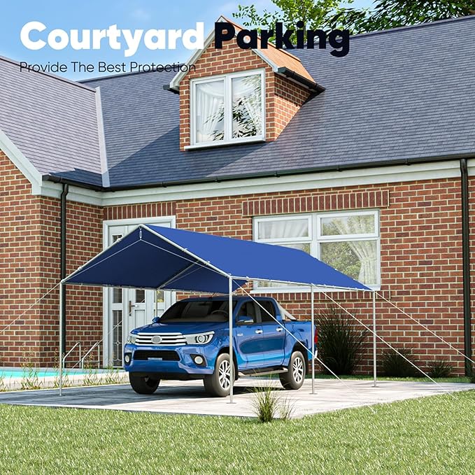 Quictent 10x20 ft Heavy Duty Car Canopy Galvanized Frame Carport Outdoor Party Tent Boat Shelter with 3 Reinforced Steel Cables - Blue
