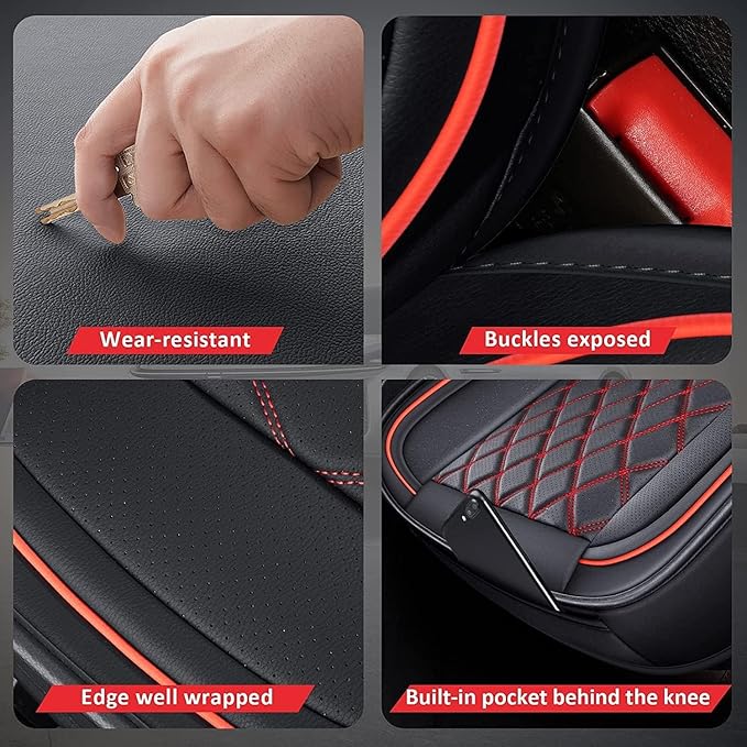 MIROZO Ram Seat Covers Full Set, Faux Leather Truck Seat Covers Compatible with 2009-2025 Ram 1500 2500 3500 Truck Pickup Crew Quad Cab with Split Bench 40/60(Black and Red,Full Set Curved Back)