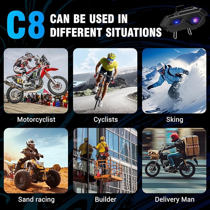 Motorcycle Bluetooth Headset, C8 Helmet Bluetooth Headset with 2 Type Mics, Hands-Free Call/Music/IPX6/Noise Cancellation/Wake Up Siri/Can Connect Two Mobile Phones, Motorcycle Helmet Speakers