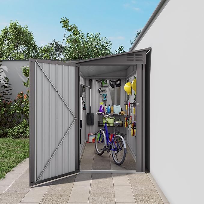 Lean to Storage Shed 4 x 9 FT Outdoor Metal Wall Storage Shed & Garden Storage Cabinet, Tool Shed with Sloping Roof, 2 Vents & Side Open Door for Backyard, Patio, Garage & Lawn, Gray