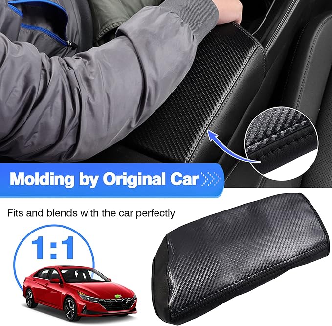 Autorder Center Console Cover for Hyundai Elantra 2021-2025 2026 Accessories Carbon Fiber Armrest Cover Anti-Scratch Leather Armrest Protector (Automatic Brake Only, Not for Handbrake)
