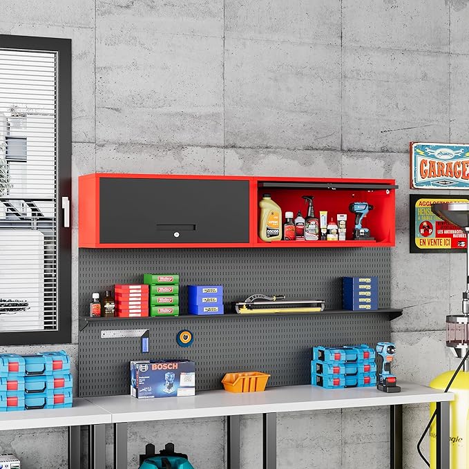 Metal Storage Cabinet Black&Red Wall Cabinets with Locking Door - Wall Mounted Storage Cabinet for Garage Warehouse Home Office - Assembly Required