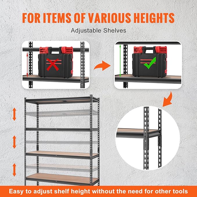 VEVOR Storage Shelving Unit, 5-Tier Adjustable, 2000 lbs Capacity, Heavy Duty Garage Shelves Metal Organizer Utility Rack, Black, 48" L x 18" W x 72" H for Kitchen Pantry Basement Bathroom Laundry