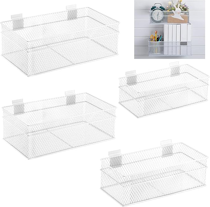 Barydat 4 Pcs Slatwall Basket Set Ventilated Metal Slatwall Basket Hanging Wire Bins Wall Mounted Accessories for Panel Garage Storage Display Organizing(Multi Size,White)