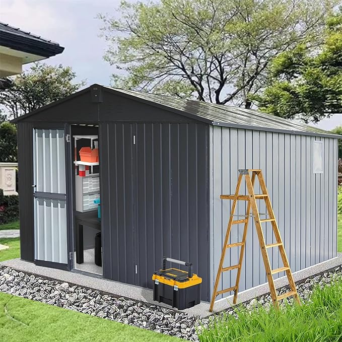 IKERY Extra - Large Galvanized Steel Storage Shed - 11' x 12.5' with Windows and Lock, Garden and Utility Tool Shed for Backyard and Patio, Dark Gray