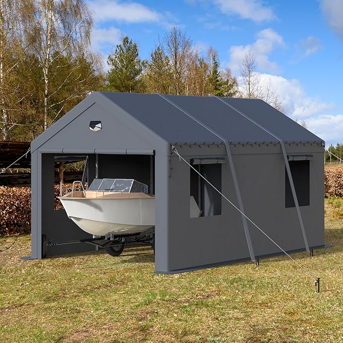 10x16 Carport Canopy, Heavy Duty Car Port, Portable Car Ports Garage with 2 Roll-Up Zipper Drive Through Doors, Grey