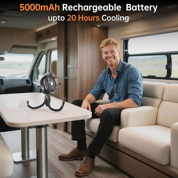Rechargeable Car Fan for Backseat Kids Baby, 3-Speed Quiet with 5000mAh Battery, 360° Rotatable Rear Seat Passenger Cooling Fan, Cordless Portable Clip on Fans for Vehicle SUV Sedan RV