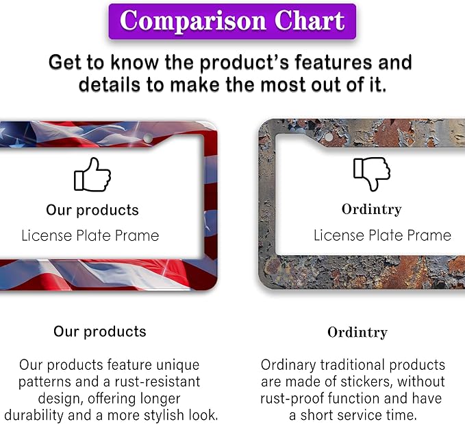 License Plate Frames for Men Multicolor Car Plate Frame for Women American Flag Aluminum Metal Car Accessory 2 Pack with Screw Covers Set