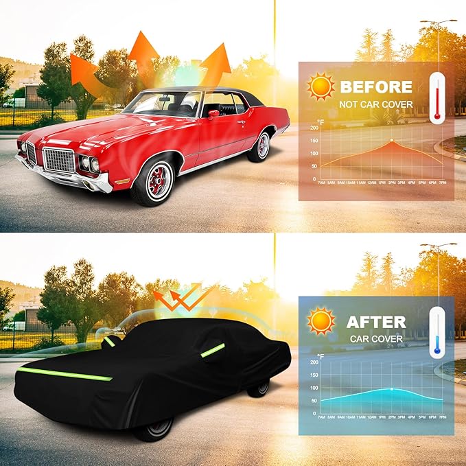 QUNSUNUS Waterproof Car Cover for Oldsmobile Cutlass 1966-1980/1988, Outdoor Car Cover with Zipper, Full Exterior Car Covers for Automobiles All Weather with Wind, Sun, UV and Dust Protection