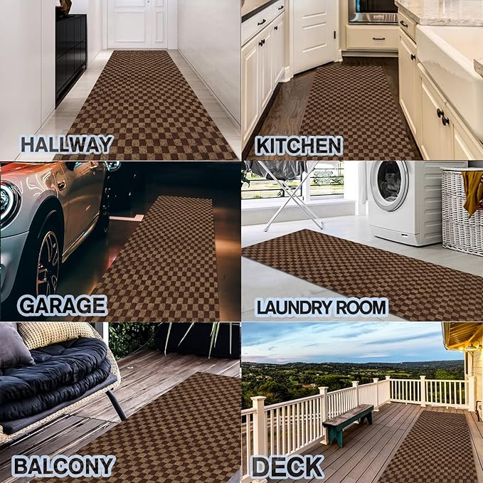 Custom Size Backed Non-Slip Area Rugs Runner, Easy Clean, Waterproof Runner Rugs for Hallway Entryway, Kitchen, Laundry, 3FT x 78FT, Brown Checkered