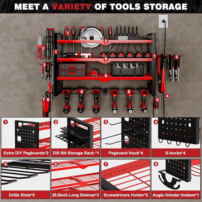 Power Tool Organizer Wall Mount with Charging Station 4 Layer 6 Slot Cordless Drill Holder with Angle Grinder Holder (Red)