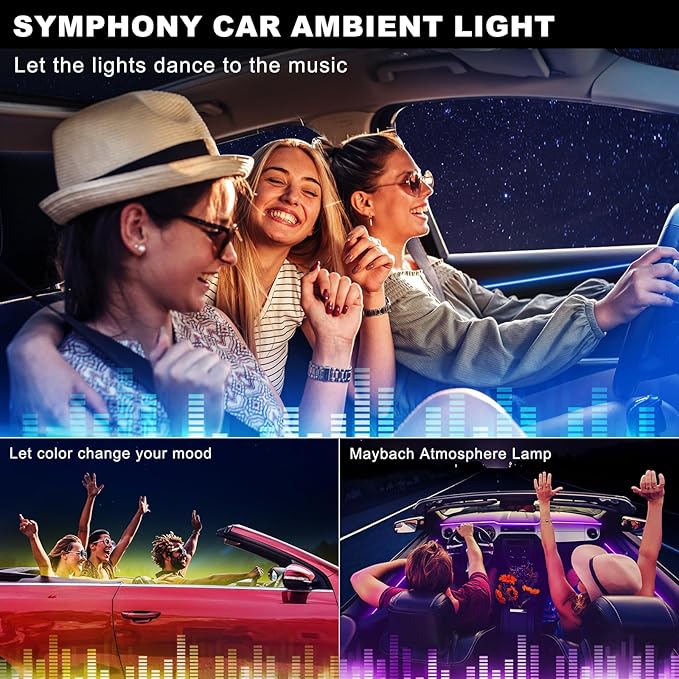 Acrylic Interior Car LED Strip Light with Wireless APP, 10 in 1 with 175 inches 593 LEDs Neon LED Strip Light, RGB Colors Dynamic Music Sync Car Ambient Lighting Kits