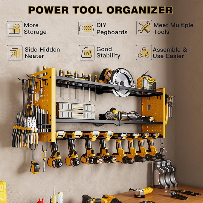 Power Tool Organizer Wall Mount,Cordless Drill Hanger Storage Rack 8 Drill Holder,3 Layers Heavy Duty Power Tool Storage Rack(Yellow)