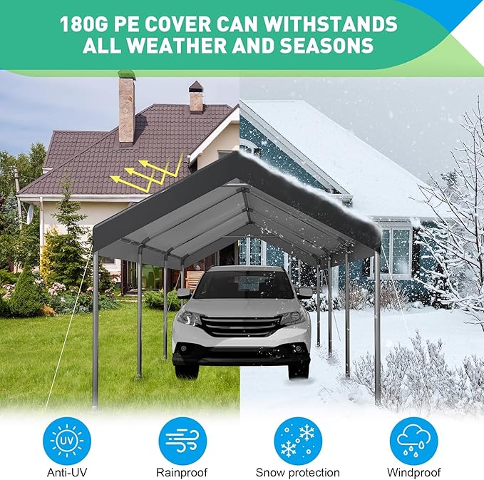 12X20 Ft Heavy Duty Carport Canopy, Portable Garage, Car Tents, Easy to Assemble, Reinforced Structure, with Hanging Edge, Applicable to Car, Bike, Boat, Party (Gray)