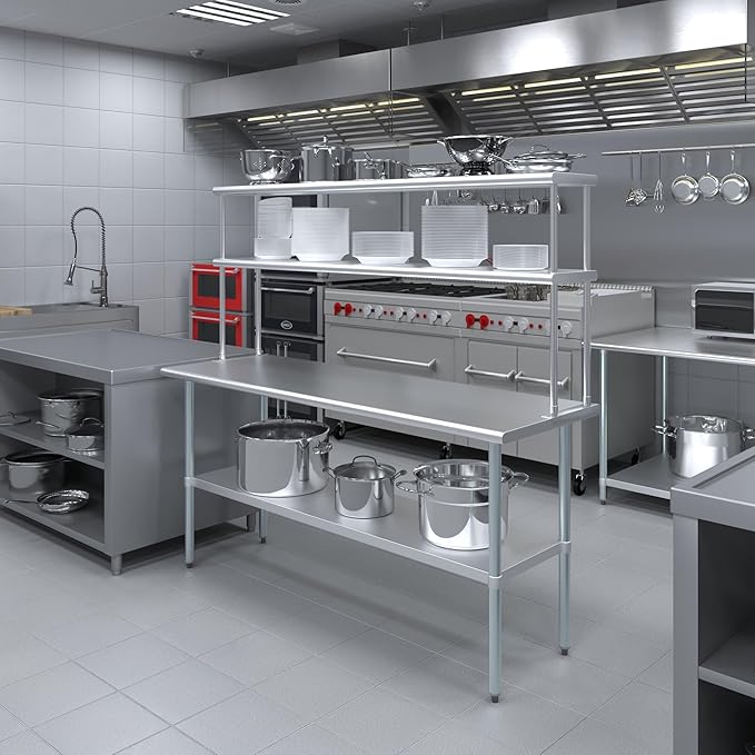 Amgood Stainless Steel Work Table Double Tier Overshelf | Metal Kitchen Prep Table & Shelving Combo (24" x 72" Work Table + 12" Overshelf)