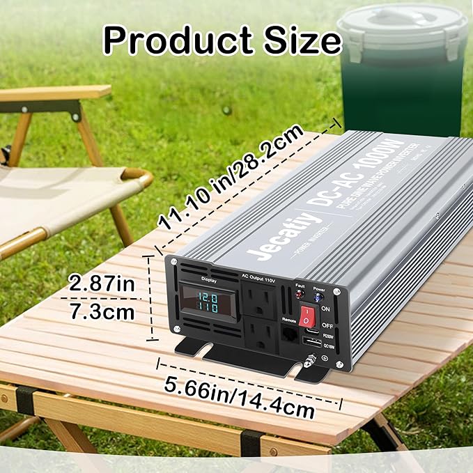 2AC 1000W Pure Sine Wave Inverter, Convert DC 12V to AC 110V 120V, 18W USB, and 30W Type-C Charging Ports, Car Solar Power Inverters for Truck, Home, Vehicles, RV