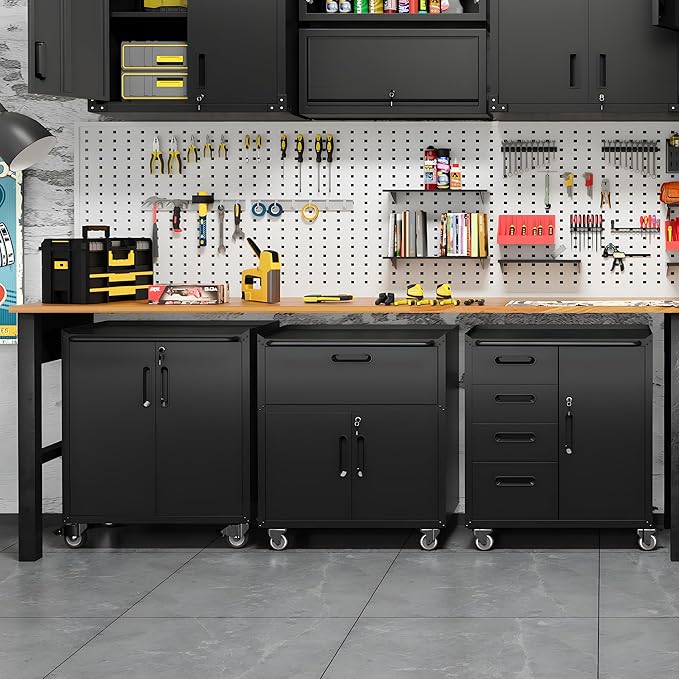 Metal Tool Cabinet,Garage Storage Cabinet System,Wall Cabinet & Locking Rolling Tool Cabinet with Doors and Adjustable Shelves,Steel Tool Cabinets for Home,Office (2 Pcs-Styled, Black)