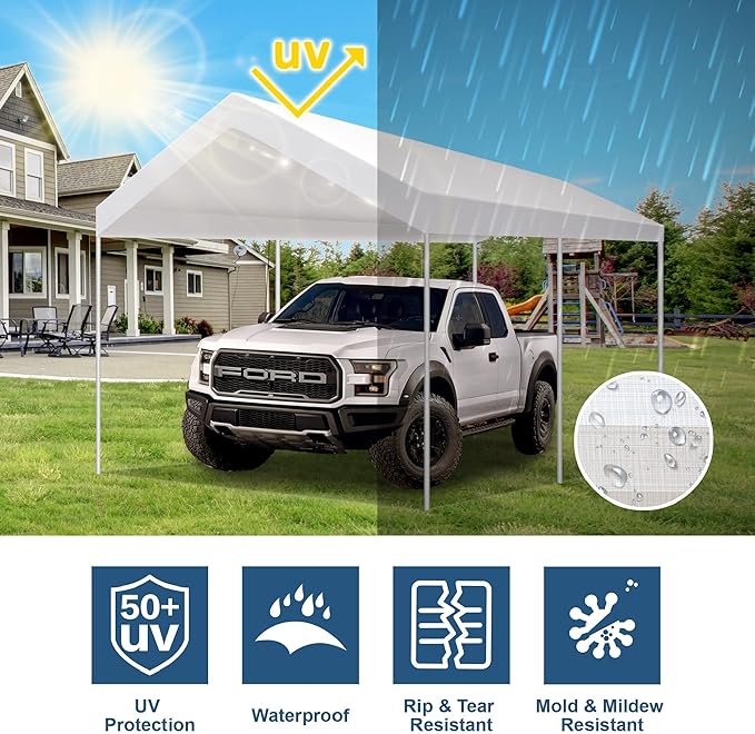 12'x20' Carport Replacement Canopy Cover for Car Garage Shelter Tent Party Tent Top Tarp with Ball Bungees (Only Top Cover, Frame is not Included)