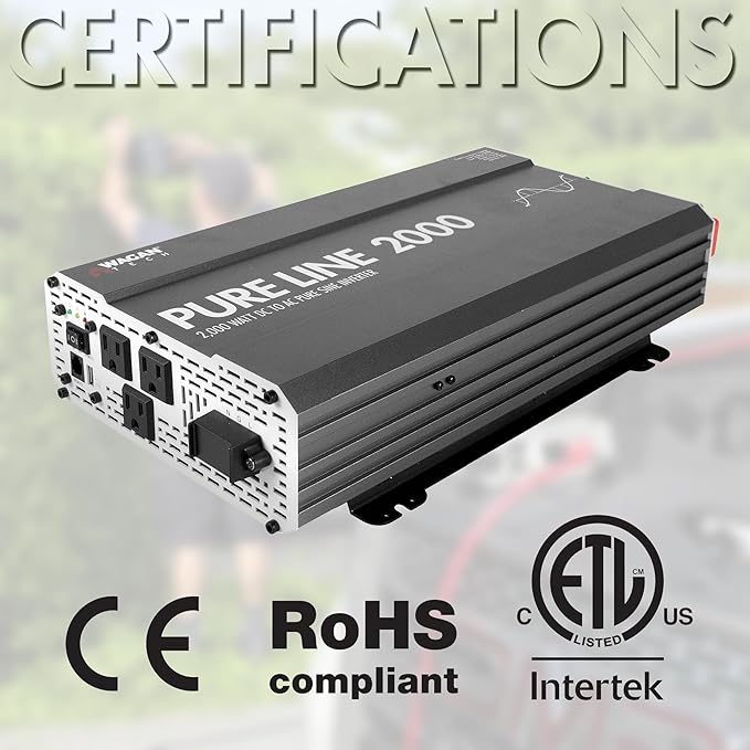 Wagan EL3808 Pure Line Power Inverter 2000 Watt DC 12V to 110V AC Car Pure Sine Wave Power Inverter for Home RV Camping Van Life Off Grid ETL Certified