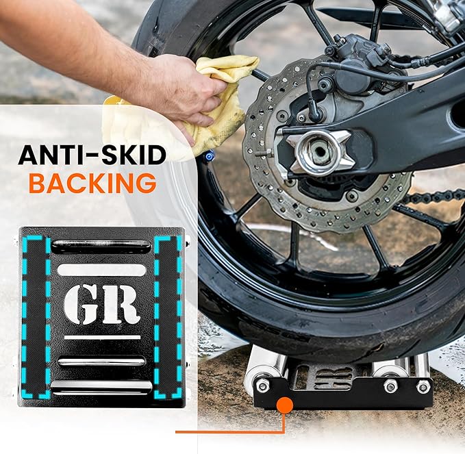 GRAND PITSTOP Motorcycle Roller Wheel Cleaning Stand - Paddock Stand Replacement - Wheel Roller Stand with Ramp Support for tire Cleaning & Chain Lubrication (Black Roller Medium)