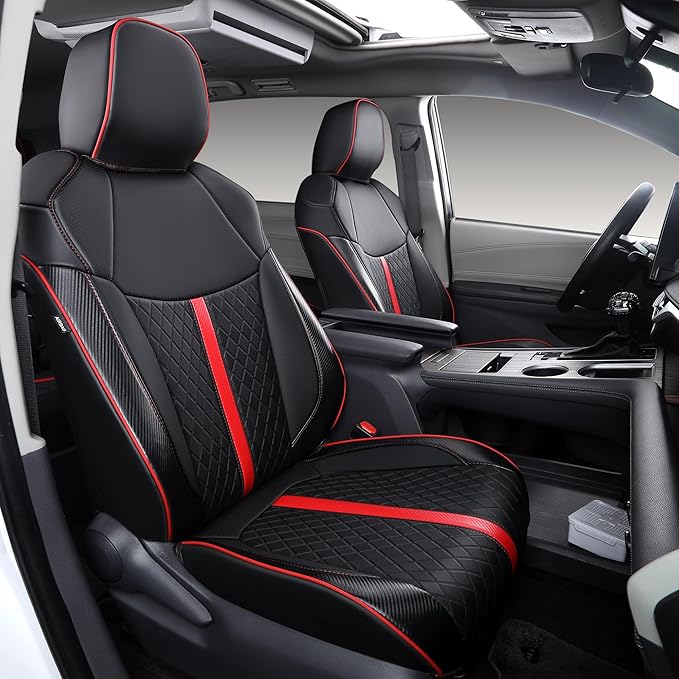 Custom Fit Sienna Seat Covers for Toyota Sienna LE,XLE 2021-2025 3-Row Accessories Full Coverage Waterproof Leather Car Seat Covers Full Set (Black with red, 7-Seat)