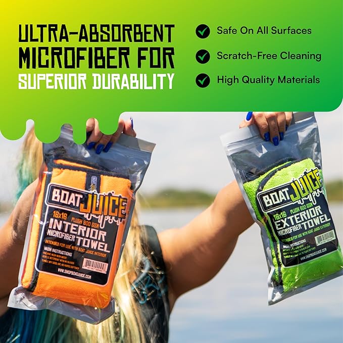 Boat Juice Necessity Boat Cleaner Kit | Exterior Water Spot Remover, Interior Seat & Vinyl Cleaner, 2 Microfiber Towels | Boat Cleaning & Detailing Kit, Marine Accessories | Made in USA (Kit)