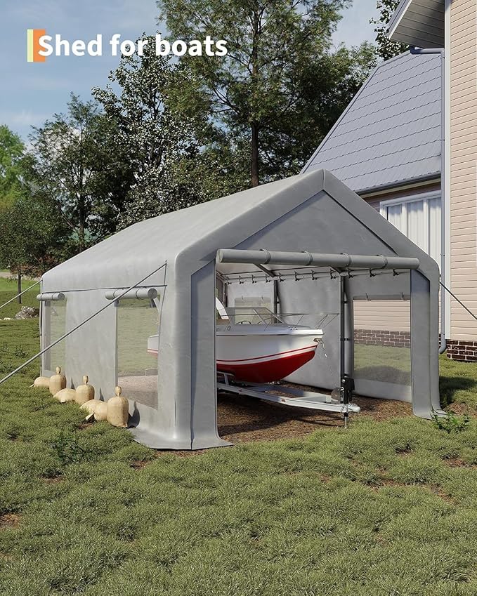 12 x 20ft Heavy-Duty Carport Canopy with Roll-Up Windows & DoorsThickened Wind Ropes, Ground Nails, Portable Car Tent Garage for Cars, Trucks, Boats, 180G Durable Tarp Cover,White
