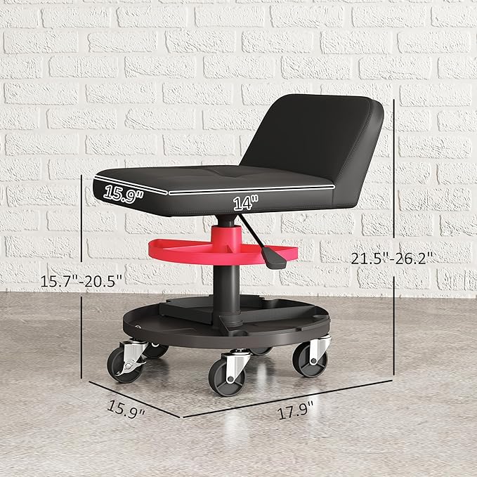 HOMCOM Rolling Mechanic Stool, 300 LBS Capacity Pneumatic Creeper Garage Stool with 360° Wheels, Backrest, Heavy Duty Roller Seat Padded Shop Chair with Tool Tray Storage, Adjustable Height, Black