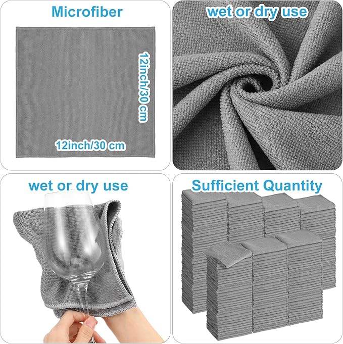 Tenare 100 Pack 12'' x 12'' Microfiber Cleaning Cloths Reusable Cleaning Rags Bulk Microfiber Towels Softer Highly Absorbent Washcloths for House Kitchen Car Window(Gray)