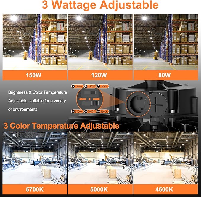 LED High Bay Lights, 150W UFO High Bay LED Shop Lights, 22500LM Adjustable CCT(5700K 5000K 4500K) & Power(150W 120W 80W), 0-10V Dimmable, 5' Cable Plug, IP65 Waterproof, ETL & DLC Listed High Bay