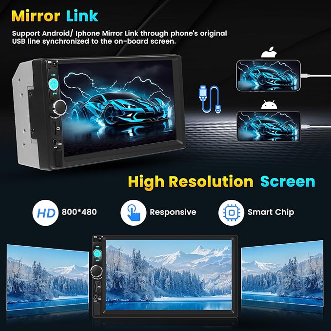 Double Din Car Stereo with 7 Inch HD Touchscreen Radio with Mirror Link Video Output Bluetooth FM Radio EQ FM/MP3/MP4/Subwoofer AUX/TF/USB Port, Car Audio Receivers with SWC Backup Camera MIC