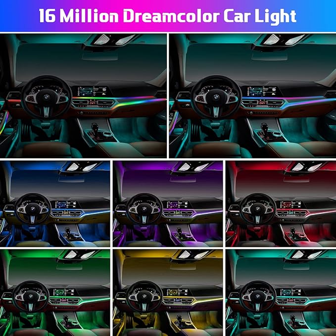 Acrylic Interior Car LED Strip Light, AMKI Car Led Lights Interior with Wireless App, Dreamcolor RGB 10 in 1 with 175 inches 593 LEDs Ambient Lighting Kits, 16 Million Colors Music & DIY Function