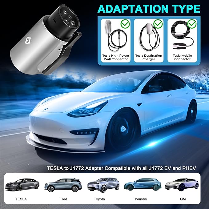 Tesla to J1772 Adapter, for All J1772 EV, 80A 250V Max, Portable and Outdoor EV Adapter, for Tesla High Powered Connectors, Destination Charger, Mobile Charger, Wall Charger, (Silver)