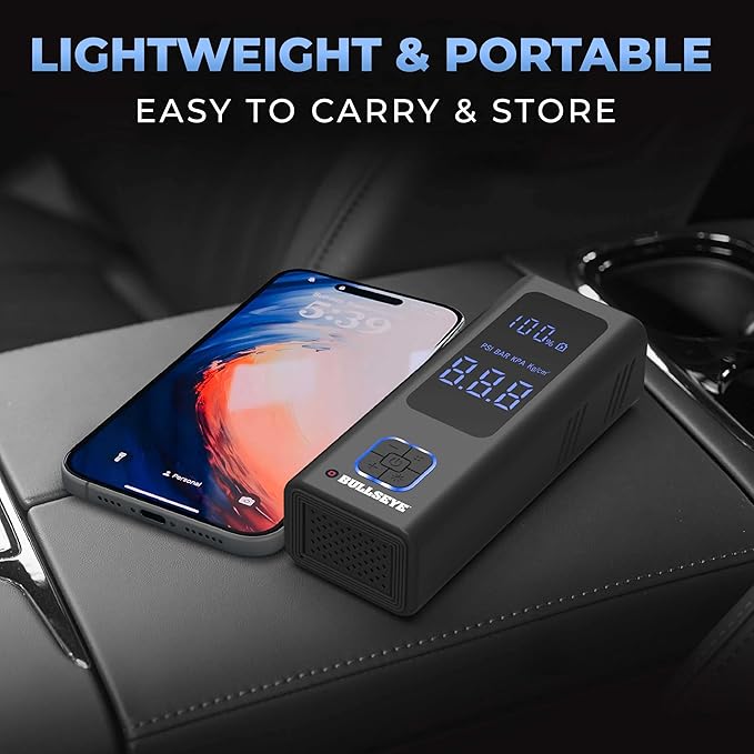 POCKET AIR PRO Tire Inflator Portable Air Compressor by Bullseye Pro for Tires, Balls, Bike with Persta Valve, Auto Shut Off, Inflates in 2 Min, Cordless Rechargeable 6000MAH,150 PSI, SoS Light