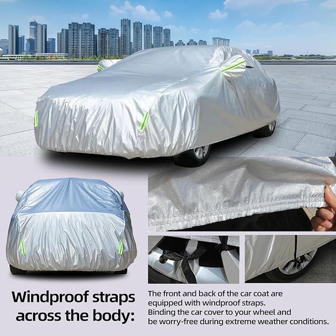 Car Cover Waterproof All Weather for Automobiles, Universal Heavy Duty Outdoor Sedan Car Covers Tarp for Sun Rain UV Protection Full Exterior Covers Aluminum Film 186 to 193 Inch