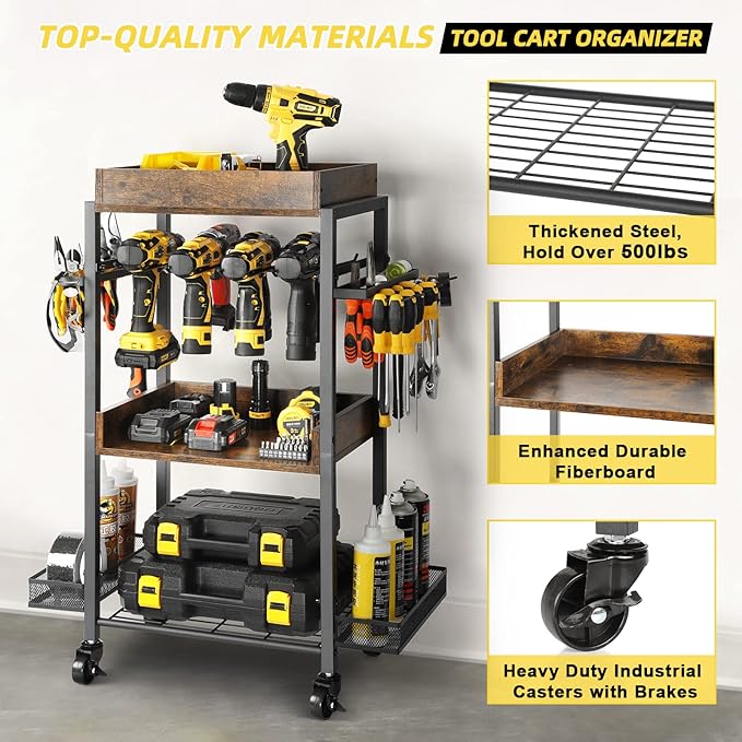 Power Tool Organizer Garage Storage Organization Shelving Tool Holder Drill Rack Shelf Rolling Cart Open Tool Chest Cabinet Box Organizer with Wheels Workshop Garage Gift Ideas for Men Dad