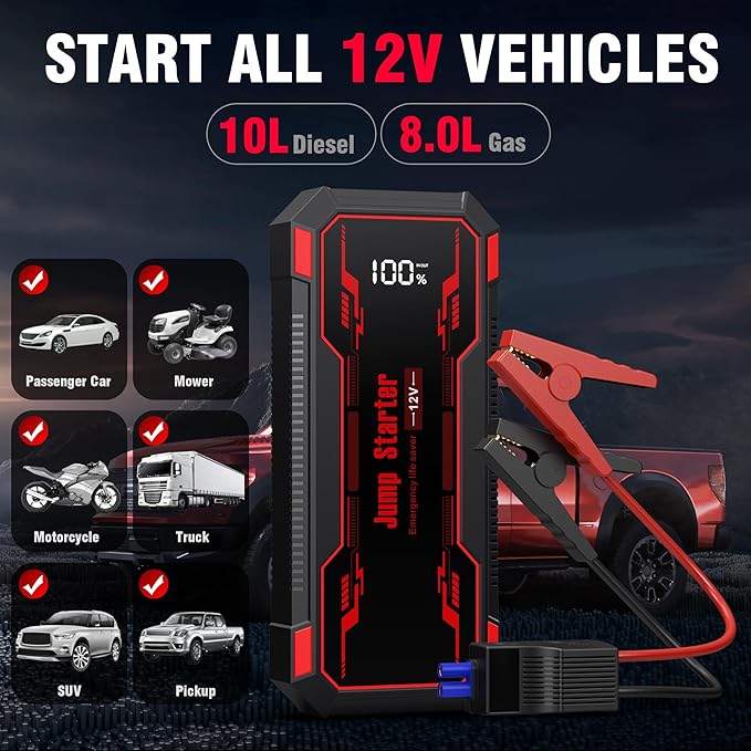 Car Jump Starter 6000A Car Battery Jump Starter Portable,12V Battery Jumper Starter Portable(10.0L Gas/8.0L Diesel),LCD Display Jump Box Jump Starter Battery Pack with Jumper Cables & Flashlight-Red