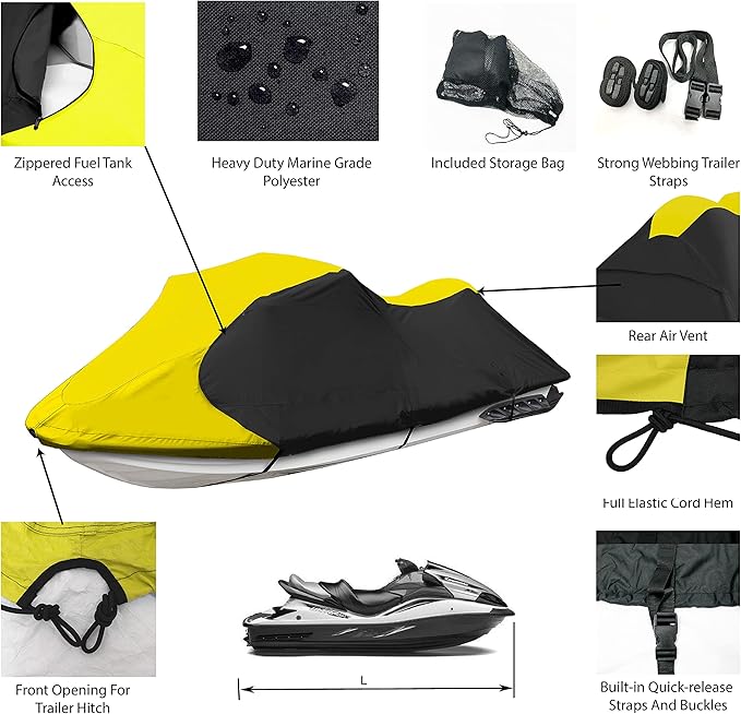 Trailerable Jet Ski Cover, Waterproof Marine Grade 600D Heavy Duty Polyester PWC Cover Yellow/Black Fits from 116"-125" 2 Seater
