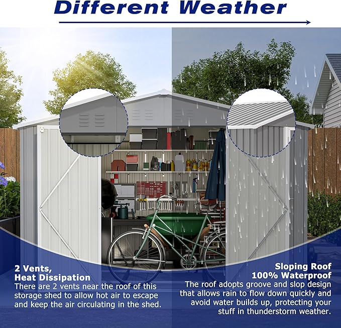 8x12 FT Outdoor Storage Shed,Metal Shed W/Floor,Garden Storage Shed W/ 1 Lockable Hinged Door,All Weather Waterproof Tool House W/ 2 Air Vents & Sloped Roof,for Backyard,Patio,Lawn,Gray