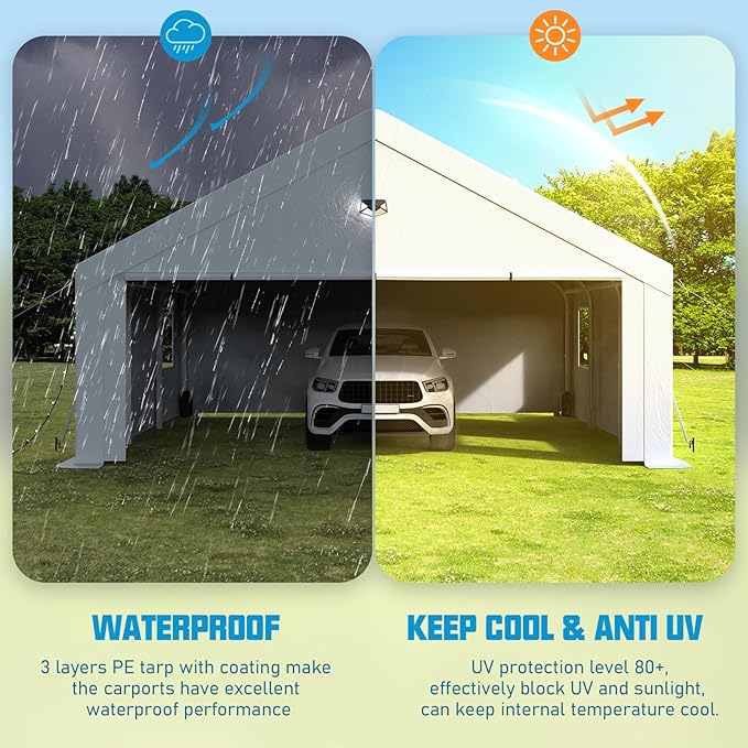 20x20 Carport Canopy, Heavy Duty Car Port, Portable Car Ports Garage with 2 Roll-Up Zipper Drive Through Doors, White