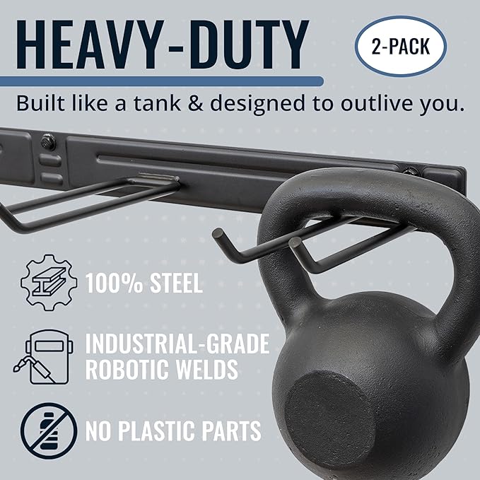 StoreYourBoard Wall-Mounted Rack With 4 Garage Hooks – Heavy-Duty Steel Holder Garage & Garden Storage for Shed, Workshop, or Home Organization – For Rakes, Shovels, Tools & More – 2 Pack, Gray
