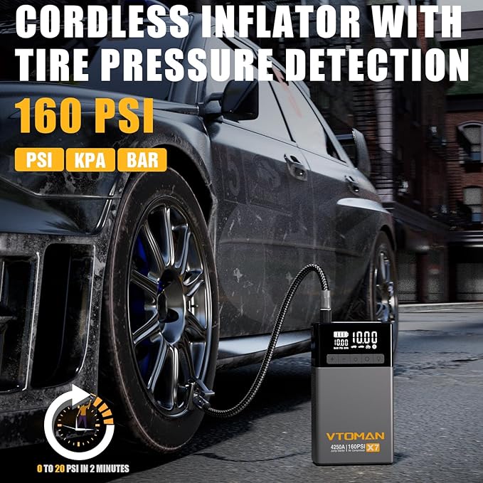 VTOMAN X7 Jump Starter with Air Compressor, 4250A Portable Car Starter (Up 10L Gas/10L Diesel Engine) with 160PSI Digital Tire Inflator,12V Lithium Battery Charger Booster Box with Jumper Cables