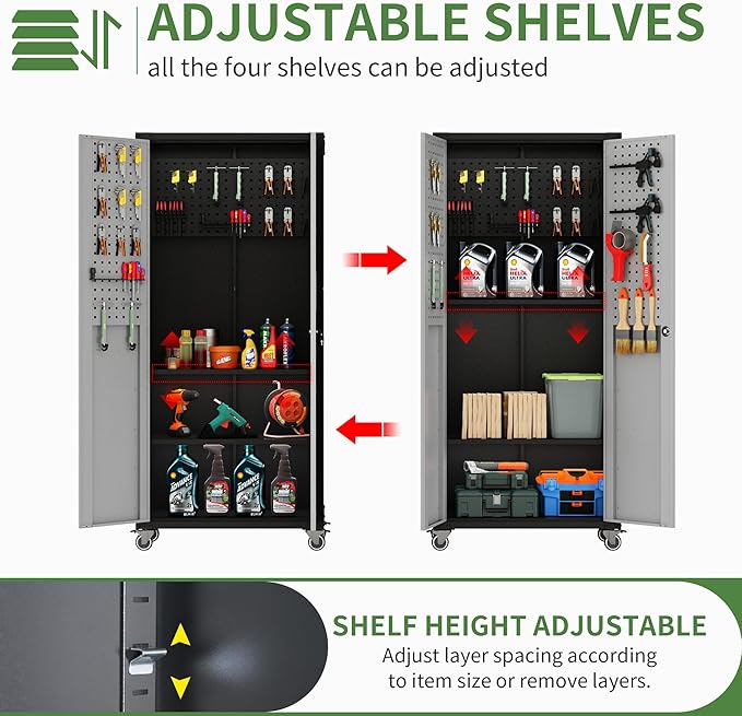 Metal Tool Cabinet,Garage Storage Cabinet System,Wall Cabinet & Locking Rolling Tool Cabinet with Doors and Adjustable Shelves,Steel Tool Cabinets for Home,Office (4 Pcs-StyleB, Black & Grey)