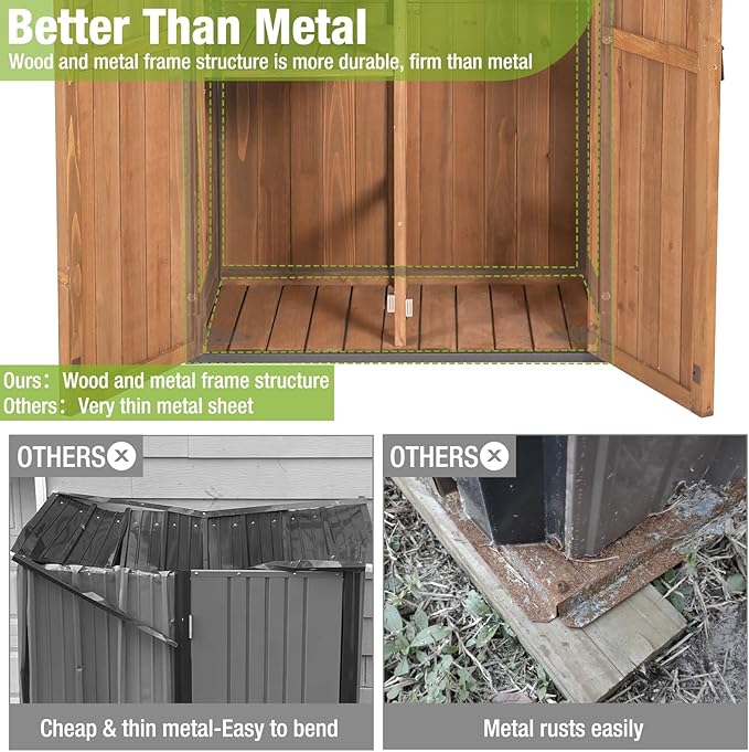GUTINNEEN Sheds Outdoor Storage Wooden Garden Tool Shed with Metal Frame Sloped Roof and Adjustable 3 Tiers Shelves Outdoor Storage Cabinet for Backyard Garden Patio Lawn 67.1"(Brown)
